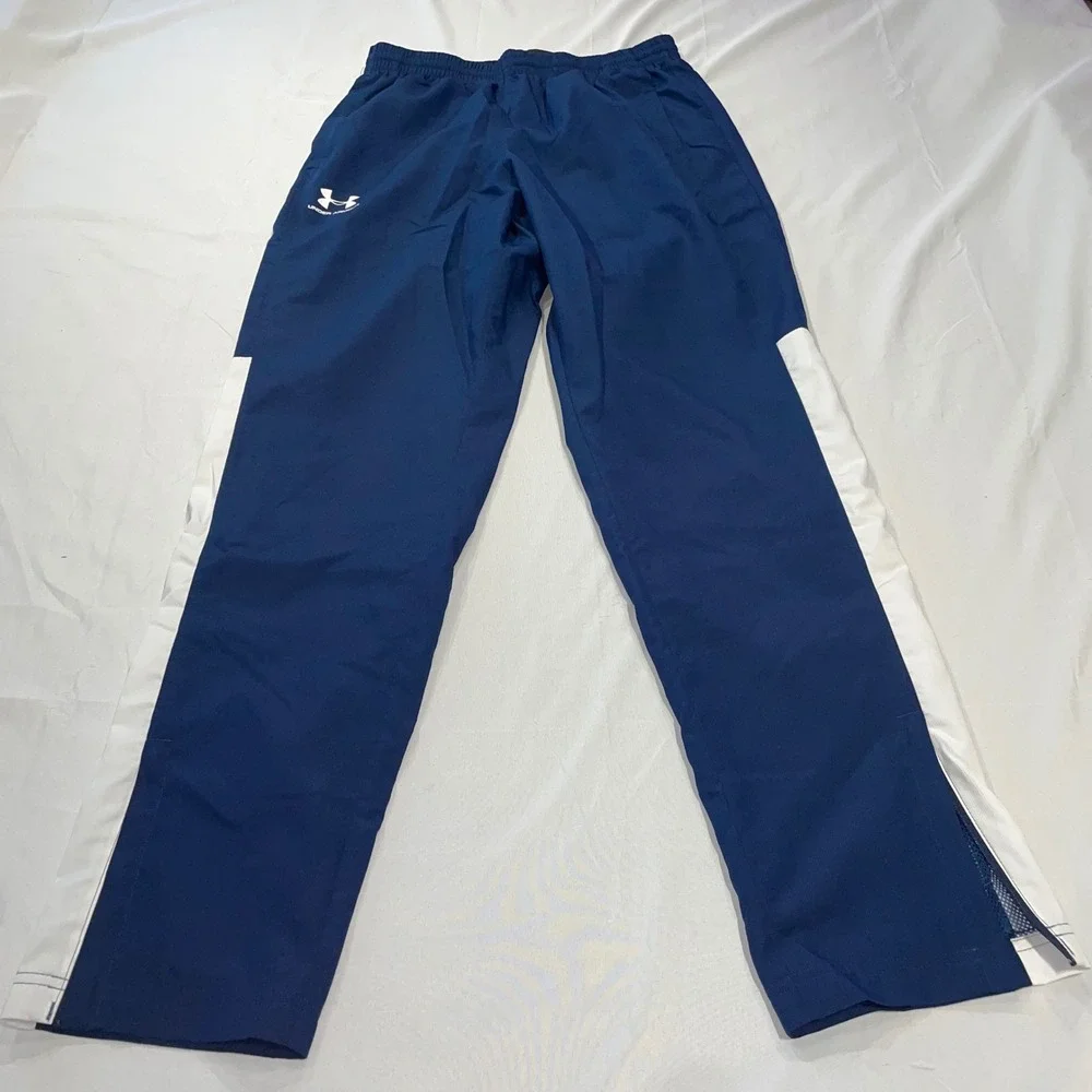 Under Armour Mens Navy Blue White‎ Stripe Mesh Lined Track Pants Medium MD Loose